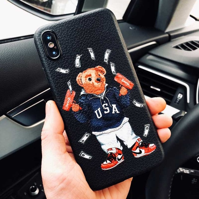 Cute Italy luxury brand bear Skin texture cover case for iphone 6 S 7 7 plus 8 X XS XR XS MAX Soft silicon suprem phone cases - Gleesbuy