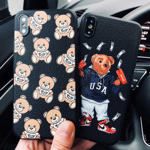 Cute Italy luxury brand bear Skin texture cover case for iphone 6 S 7 7 plus 8 X XS XR XS MAX Soft silicon suprem phone cases - Gleesbuy