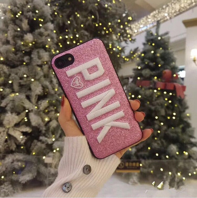 Luxury PINK Brand NEW Glitter Embroidery Leather Fashion Hot Cute Pink Case for iPhones - Gleesbuy