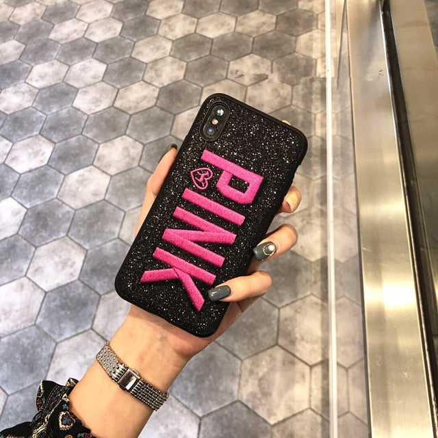 Luxury PINK Brand NEW Glitter Embroidery Leather Fashion Hot Cute Pink Case for iPhones - Gleesbuy
