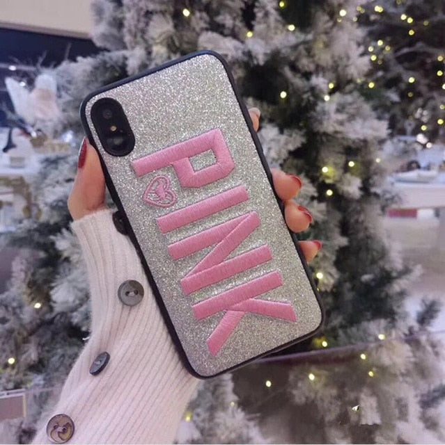 Luxury PINK Brand NEW Glitter Embroidery Leather Fashion Hot Cute Pink Case for iPhones - Gleesbuy