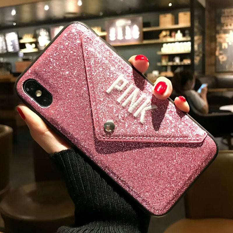 Luxury PINK Brand NEW Glitter Embroidery Leather Fashion Hot Cute Pink Case for iPhones - Gleesbuy